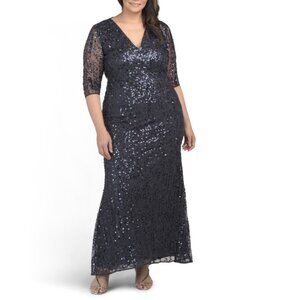 MAC DUGGAL Midnight Plus Mesh Sleeve Embellished Gown